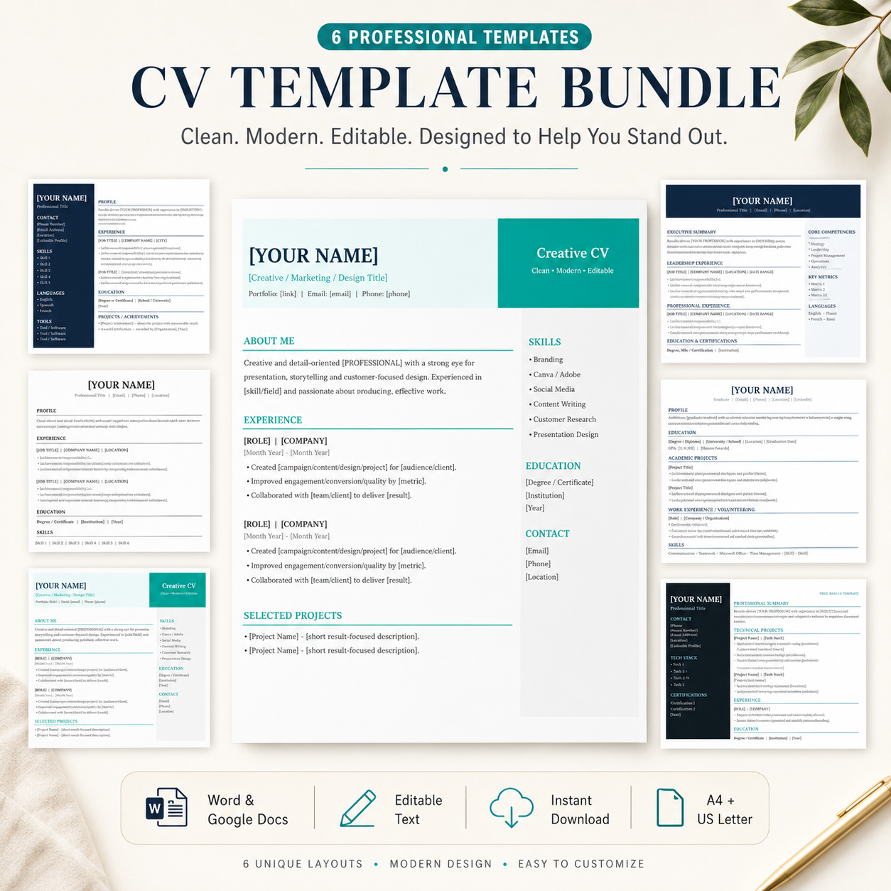 CV template bundle preview with editable professional resume designs
