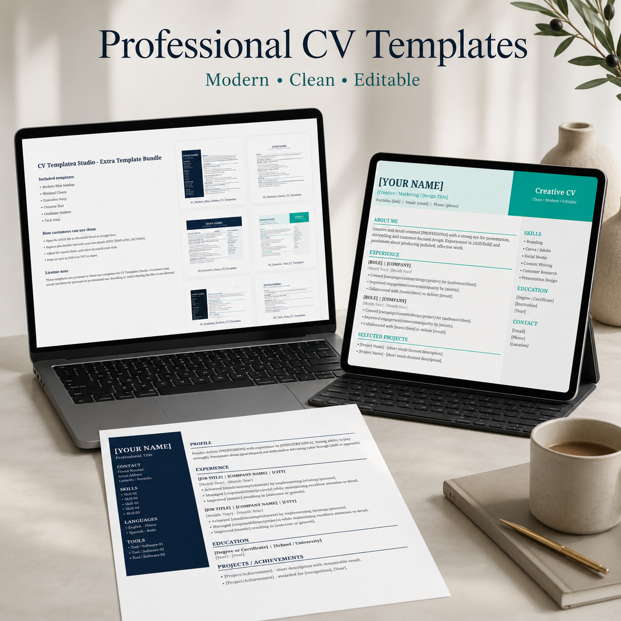 Professional CV template mockup on laptop and tablet