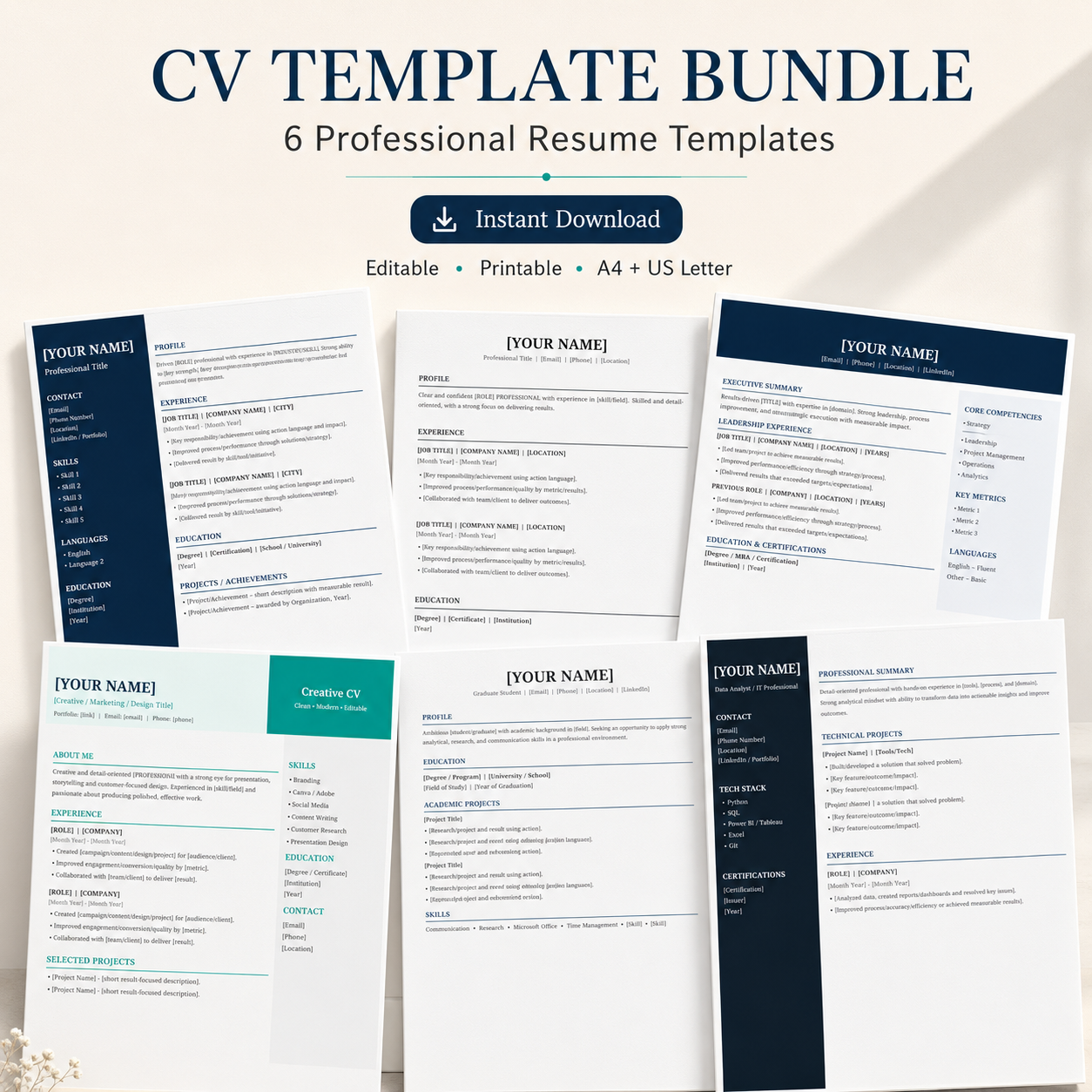 CV template bundle with instant download and printable resume layouts