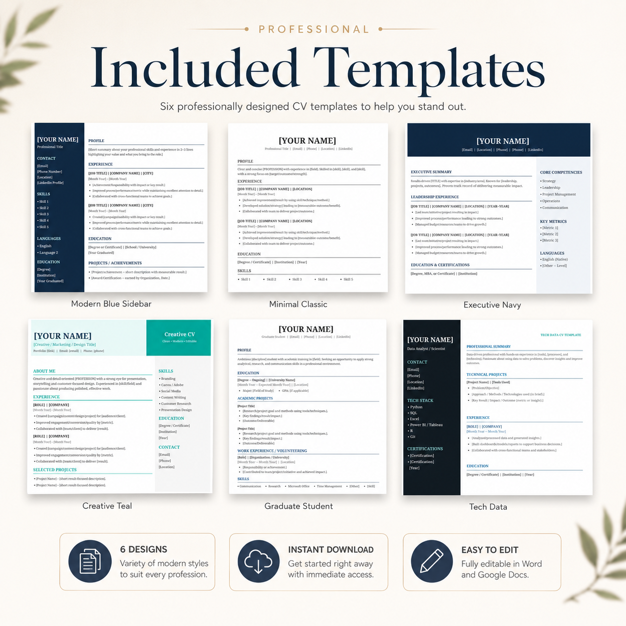 Professional CV templates bundle with six editable resume designs