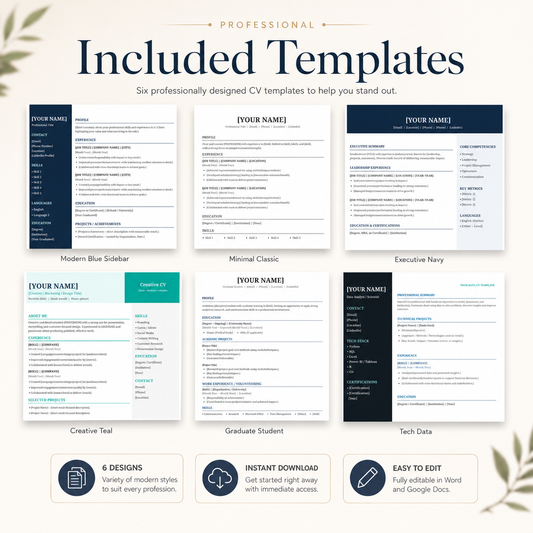 Professional CV templates bundle with six editable resume designs